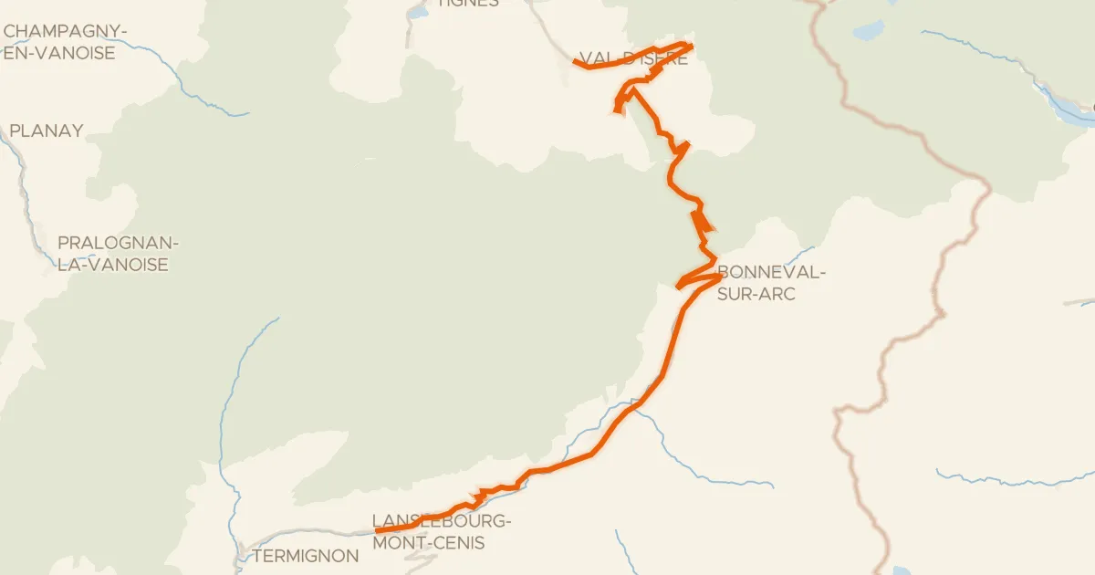 Kaart van de fietsroute Route des Grandes Alpes à vélo, étape 6, Val d'Isère / Val-Cenis