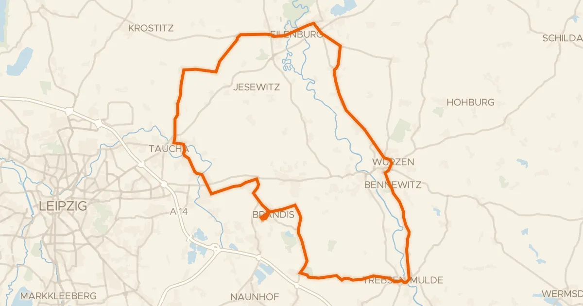 Kaart van de fietsroute Rondje langs de Mulde en Schloss Thallwitz