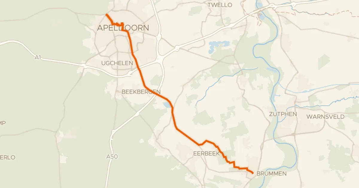 Kaart van de fietsroute Oranjefietsroute - 13 - Brummen - Apeldoorn