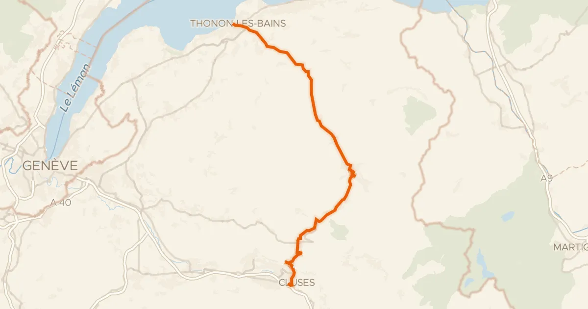 Kaart van de fietsroute Route des Grandes Alpes à vélo, étape 1, Thonon-les-Bains / Cluses