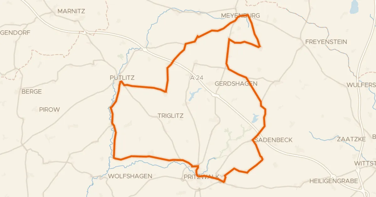 Map of the cycling route Rondje Stepenitz en Dömnitz