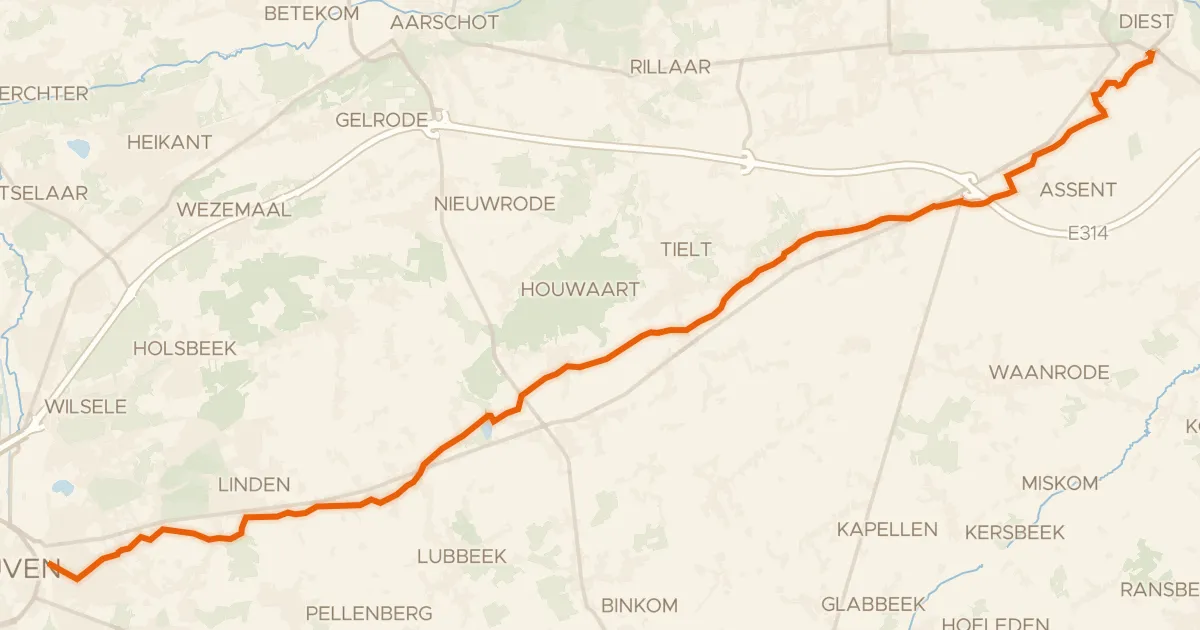 Map of the cycling route F9 Fietssnelweg Leuven-Diest
