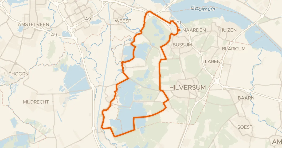 Kaart van de fietsroute Rondje Vesting Naarden en Naardermeer