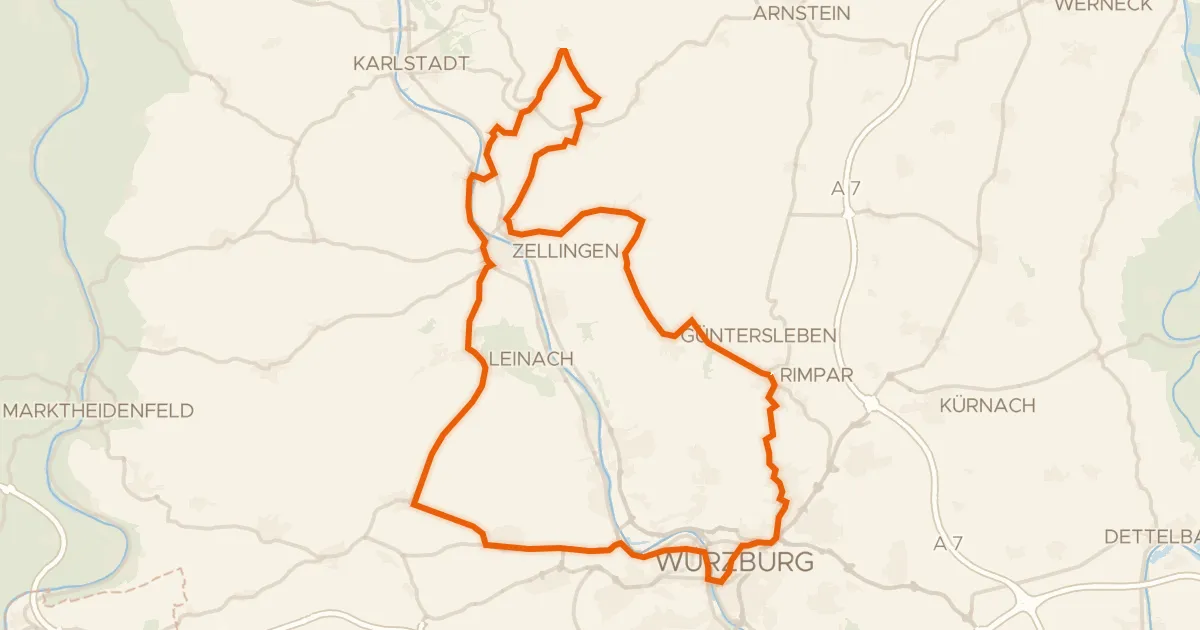Kaart van de fietsroute Rondje Residenz Würzburg en Schloss Thüngen