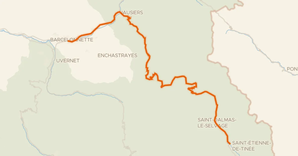 Kaart van de fietsroute Route des Grandes Alpes à vélo, variante Barcelonnette / Saint-Etienne-de-Tinée