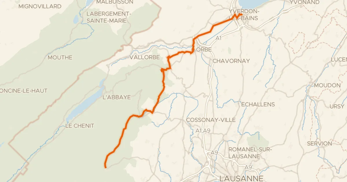 Map of the cycling route Route du pied du Jura