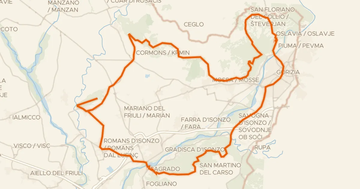 Kaart van de fietsroute Cinque Colli Goriziani