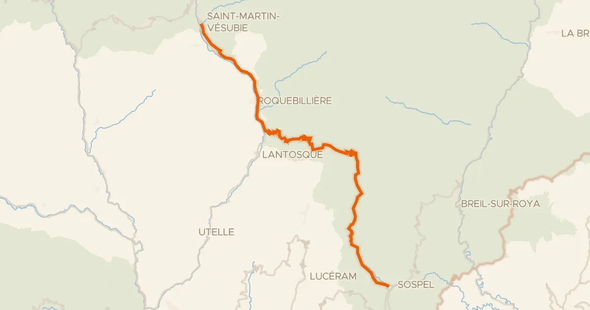 Kaart van de fietsroute Route des Grandes Alpes à vélo, étape 13, Saint-Martin Vésubie / Sospel