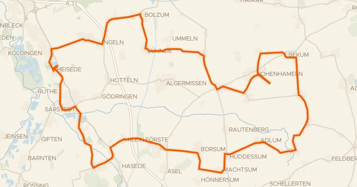 Kaart van de fietsroute Langs de Innerste en het Stichkanal Hildesheim