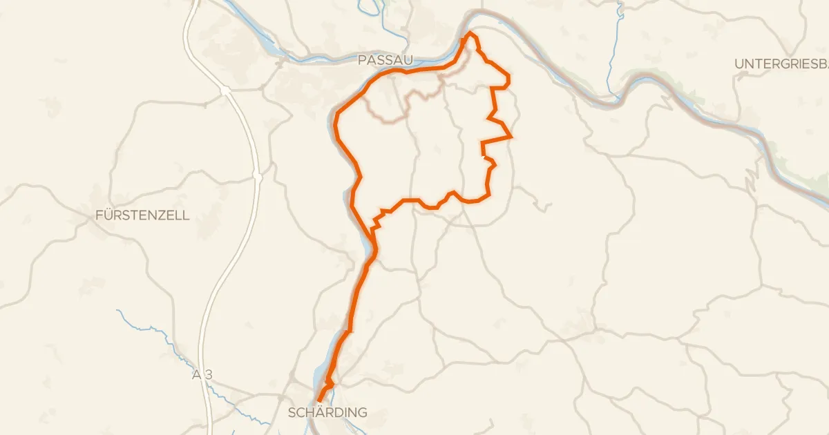 Kaart van de fietsroute Inn-Donau-Runde
