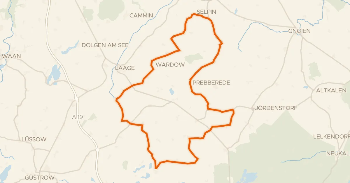 Kaart van de fietsroute Rondje Schloss Prebberede en Krassower See