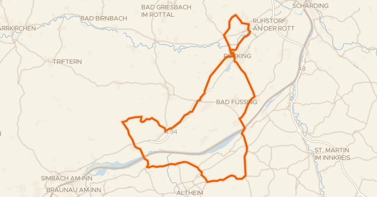 Kaart van de fietsroute Rondje langs de Rott en de Inn