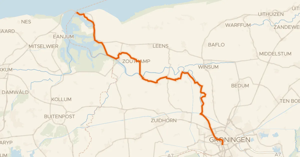 Kaart van de fietsroute Saksenroute - 01 - Lauwersoog - Groningen