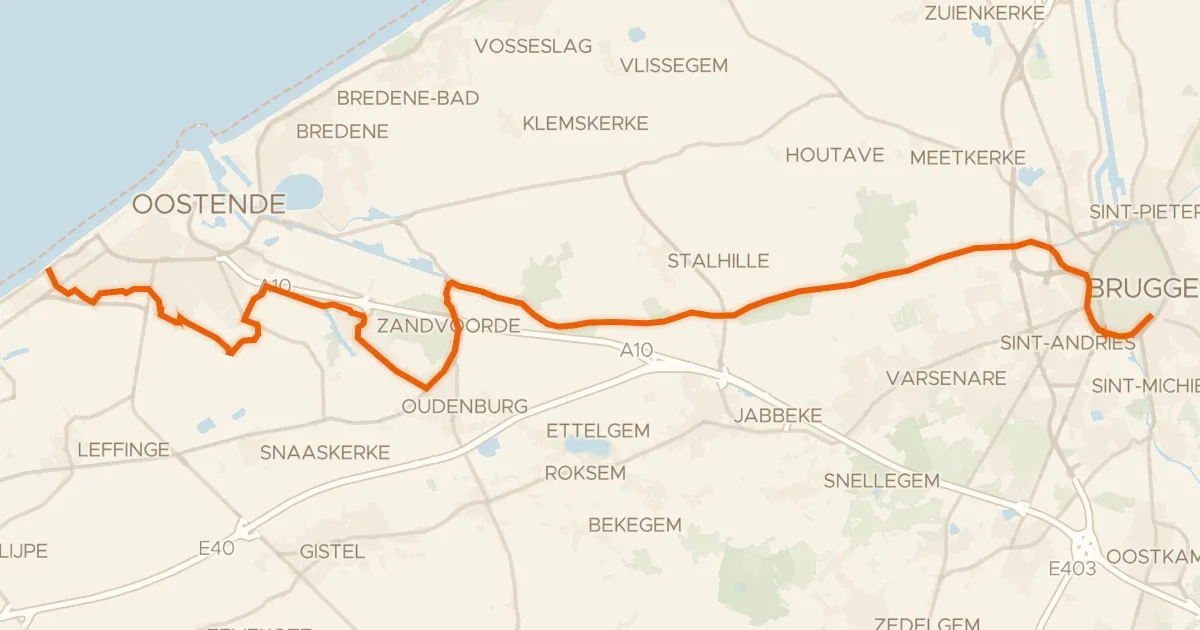 Kaart van de fietsroute Kunststedenroute - 02 - Oostende - Brugge