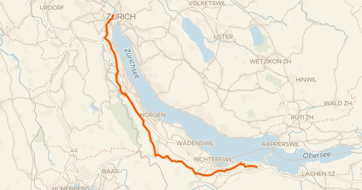 Kaart van de fietsroute Rhein-Hirzel-Linth
